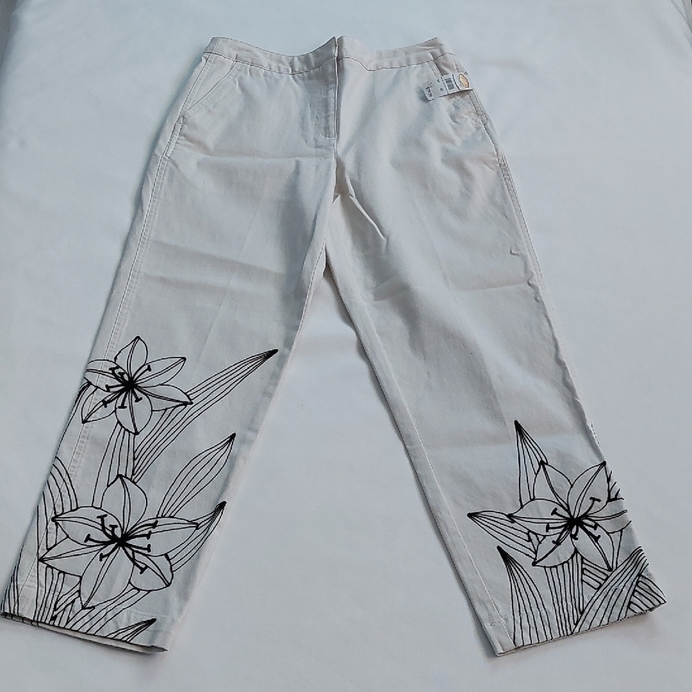 Talbots White Floral Anckle Pants Womens Size 4P‎